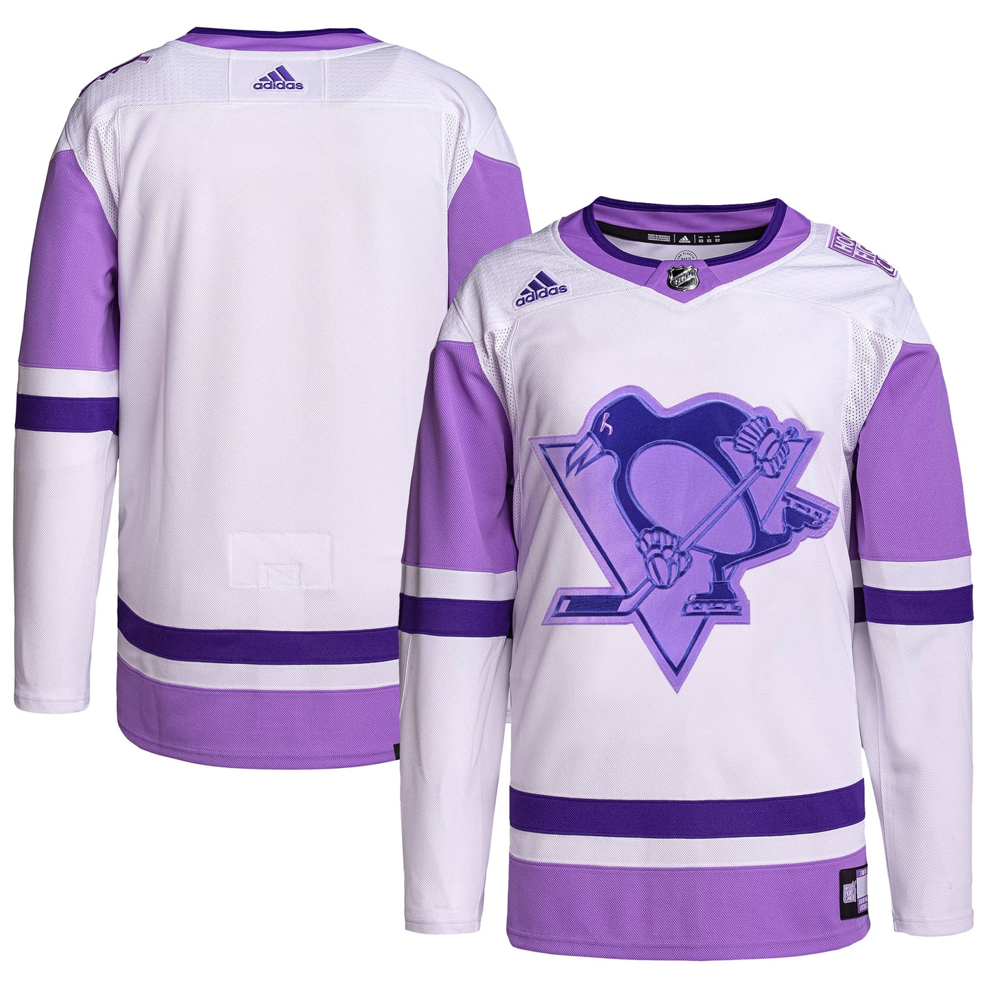 Pittsburgh Penguins adidas Hockey Fights Cancer Primegreen Authentic Blank Practice Jersey - White/Purple